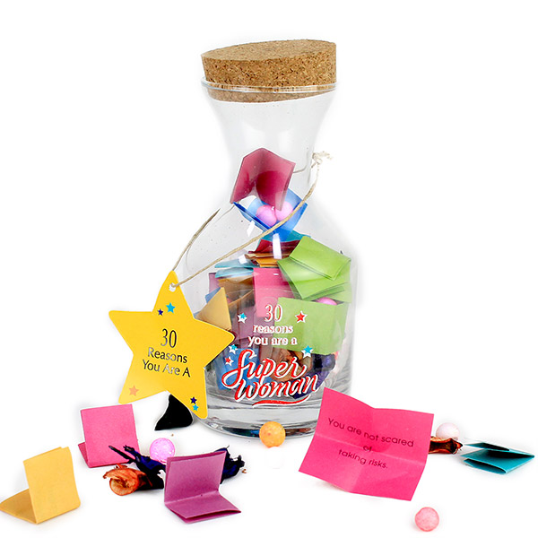 30 REASONS SUPER WOMAN MESSAGE BOTTLE ; Let your loved woman rejoice her importance. Tell her how much she is special with special reasons to love her. Gift this beautiful 30 Reasons Super Woman Bottle to her and make her smile brighter with each reason.Height : 17 cm , Length - 6 cm , Width - 6 cm